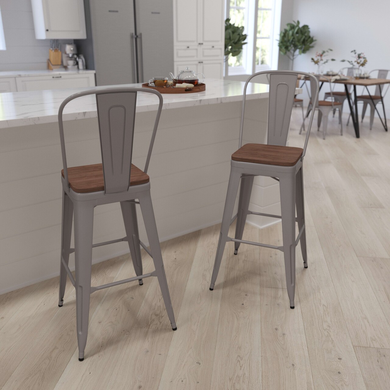 Merrick Lane Dothan Metal Dining Stool with Curved Slatted Back and Textured Wood Seat